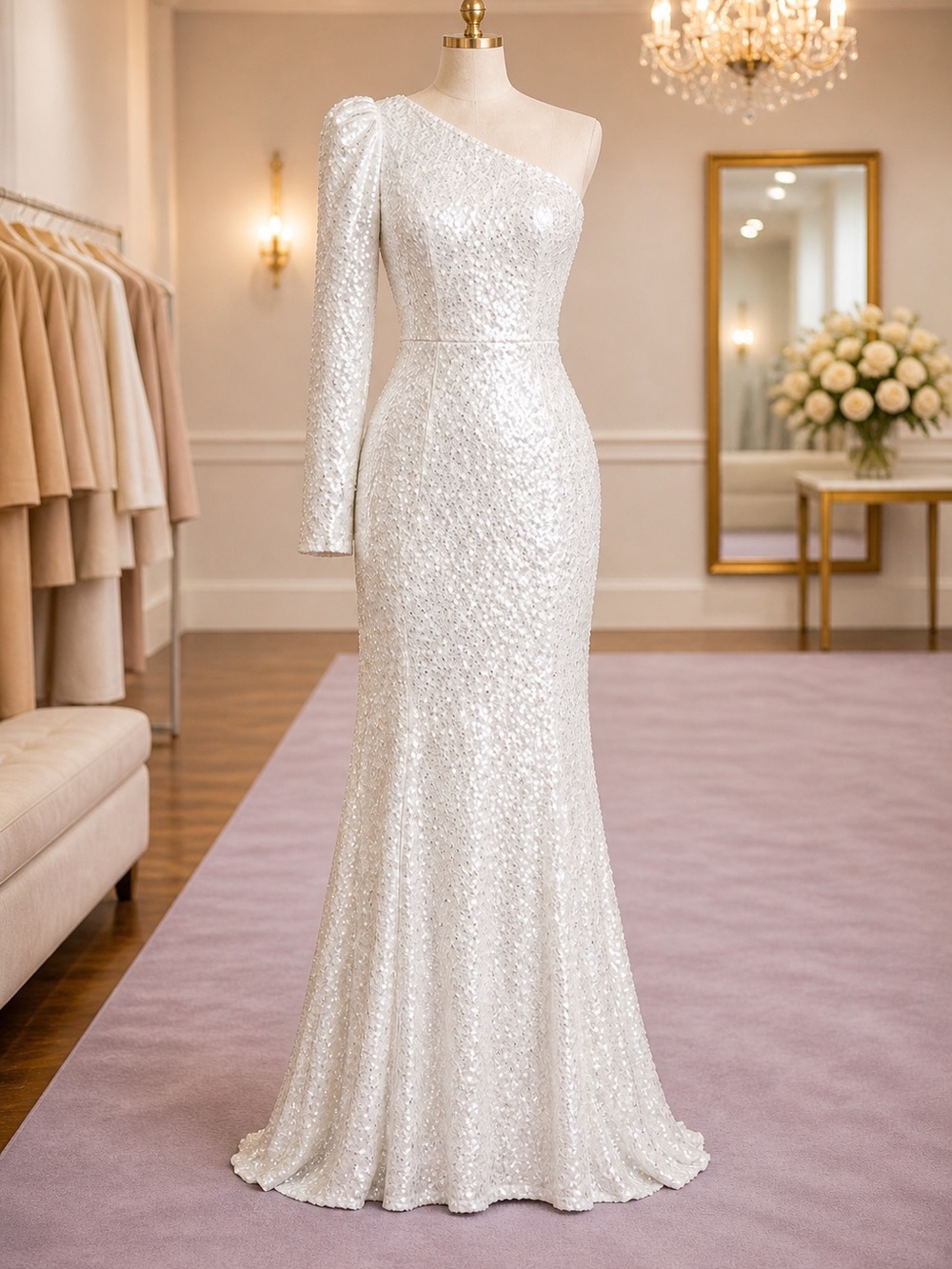 Ieena Mac Duggal 26591 One Shoulder Sequin Gown White Formal 10 NWT MSRP $398